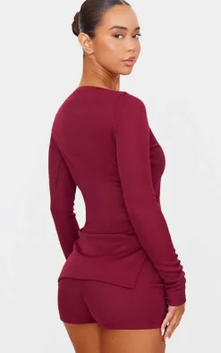 New PrettyLittleThing Ottoman Ribbed Detail Long Sleeve Top Burgundy