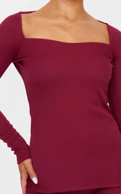 New PrettyLittleThing Ottoman Ribbed Detail Long Sleeve Top Burgundy