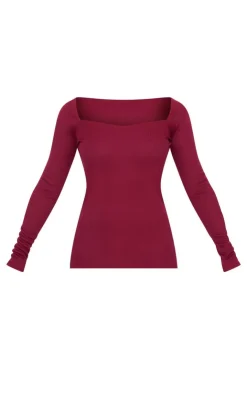 New PrettyLittleThing Ottoman Ribbed Detail Long Sleeve Top Burgundy