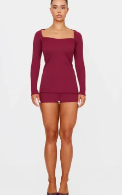 Clearance PrettyLittleThing Ottoman Ribbed Hot Pants Burgundy