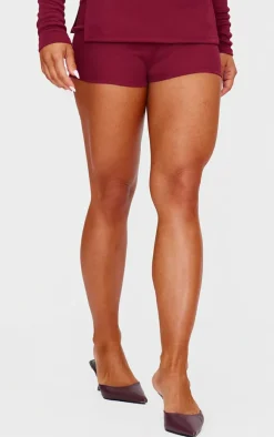 Clearance PrettyLittleThing Ottoman Ribbed Hot Pants Burgundy
