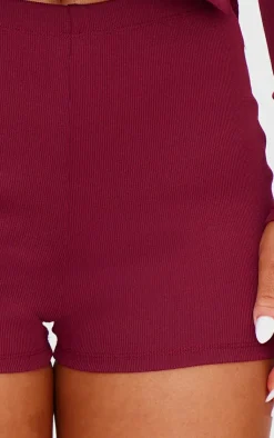 Clearance PrettyLittleThing Ottoman Ribbed Hot Pants Burgundy