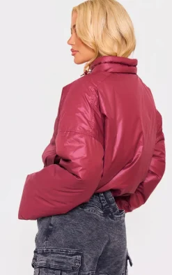 PrettyLittleThing Puffer Jackets*Burgundy Pocket Detail Lightweight Puffer Jacket