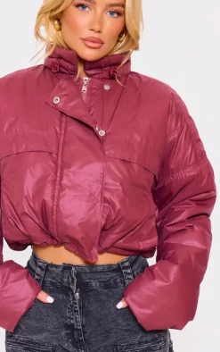 PrettyLittleThing Puffer Jackets*Burgundy Pocket Detail Lightweight Puffer Jacket