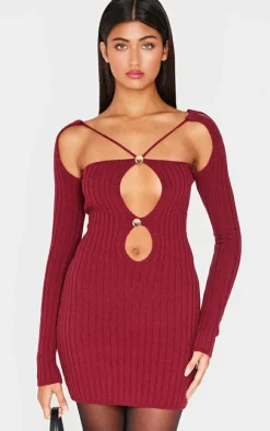 Burgundy Rib Knit Cross Front Gold Trim Mini Dress