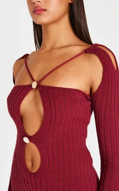 Burgundy Rib Knit Cross Front Gold Trim Mini Dress