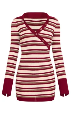 Rib Knit Stripe Asymmetric Button Mini Dress-PrettyLittleThing Discount