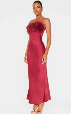 Satin Feather Bust Detail Maxi Dress-PrettyLittleThing