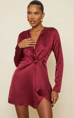 Satin Long Sleeve Wrap Dress-PrettyLittleThing New