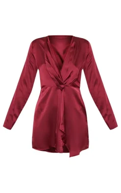 Satin Long Sleeve Wrap Dress-PrettyLittleThing New