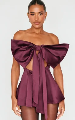 Satin Oversized Bow Bandeau Romper-PrettyLittleThing Online