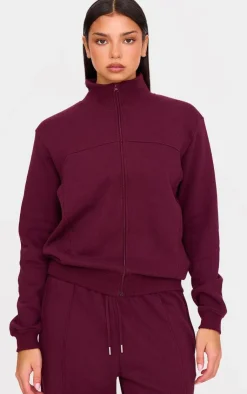 Online PrettyLittleThing Seam Detail Zip Through High Neck Sweatshirt Burgundy