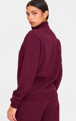 Online PrettyLittleThing Seam Detail Zip Through High Neck Sweatshirt Burgundy