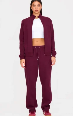 Online PrettyLittleThing Seam Detail Zip Through High Neck Sweatshirt Burgundy