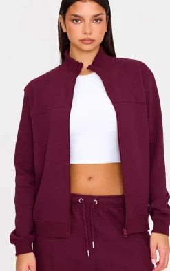 Online PrettyLittleThing Seam Detail Zip Through High Neck Sweatshirt Burgundy