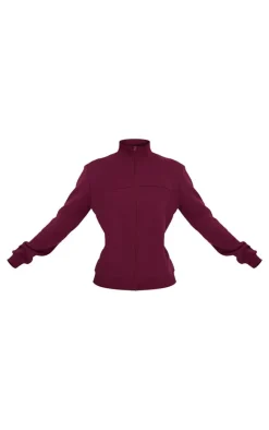 Online PrettyLittleThing Seam Detail Zip Through High Neck Sweatshirt Burgundy