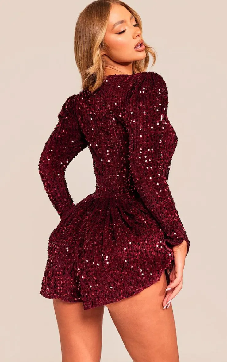 Sequin Cup Detail Long Sleeve Skater Romper-PrettyLittleThing Hot