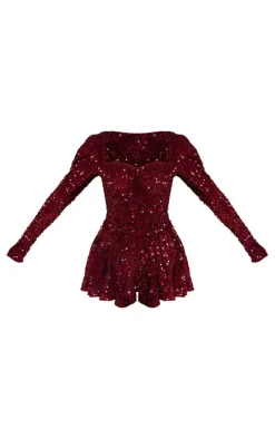 Sequin Cup Detail Long Sleeve Skater Romper-PrettyLittleThing Hot