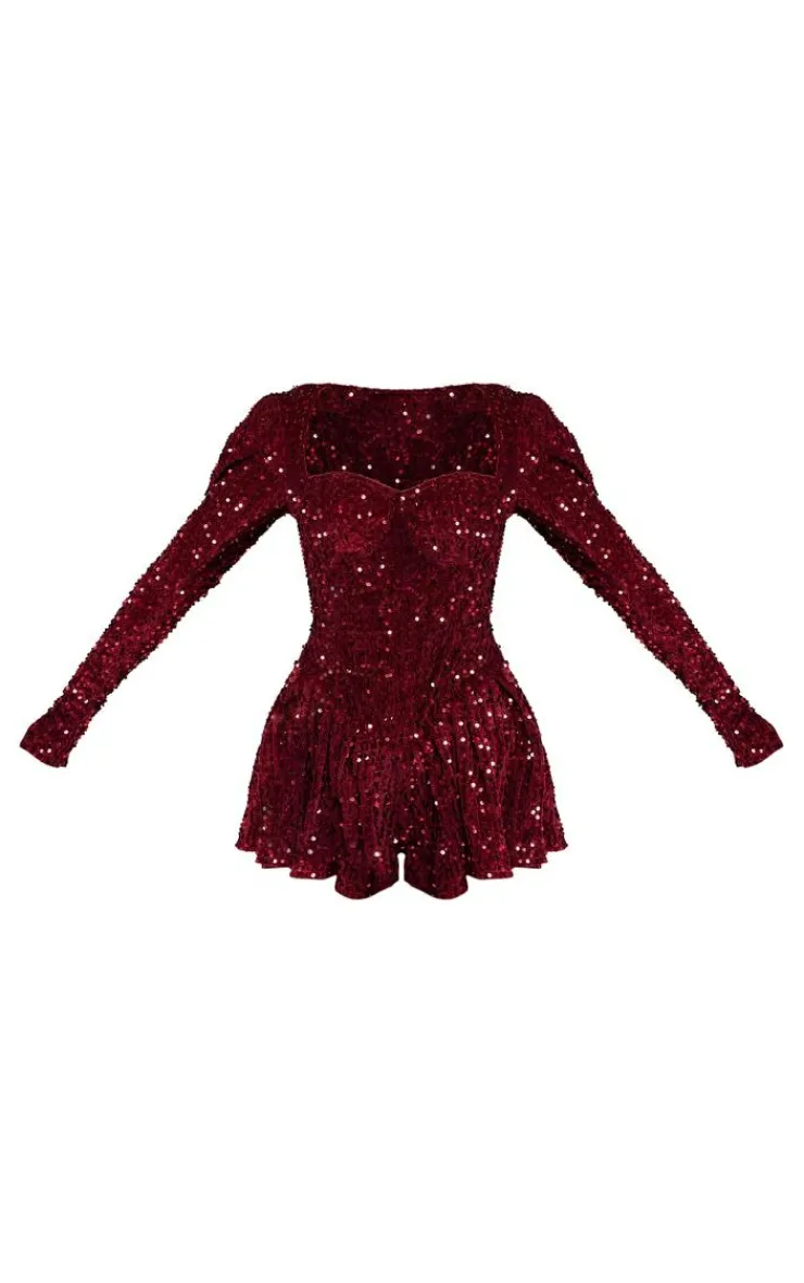 Sequin Cup Detail Long Sleeve Skater Romper-PrettyLittleThing Hot