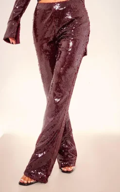 New PrettyLittleThing Sequin Low Rise Flared Pants Burgundy