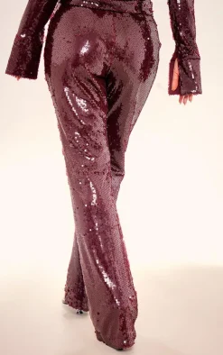 New PrettyLittleThing Sequin Low Rise Flared Pants Burgundy