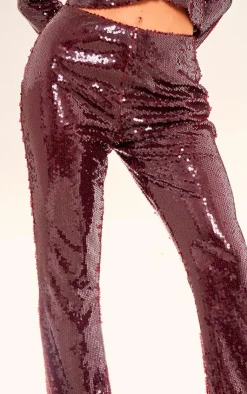 New PrettyLittleThing Sequin Low Rise Flared Pants Burgundy