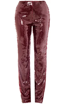 New PrettyLittleThing Sequin Low Rise Flared Pants Burgundy