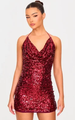 Sequin Tie Cowl Halter Neck Bodycon Dress-PrettyLittleThing New