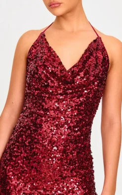 Sequin Tie Cowl Halter Neck Bodycon Dress-PrettyLittleThing New