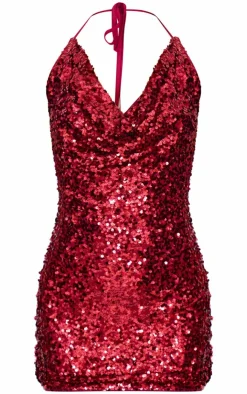 Sequin Tie Cowl Halter Neck Bodycon Dress-PrettyLittleThing New