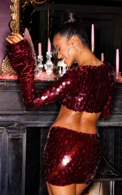 Clearance PrettyLittleThing Sequin Twist Front Long Sleeve Top Burgundy