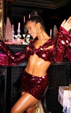 Clearance PrettyLittleThing Sequin Twist Front Long Sleeve Top Burgundy