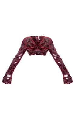 Clearance PrettyLittleThing Sequin Twist Front Long Sleeve Top Burgundy