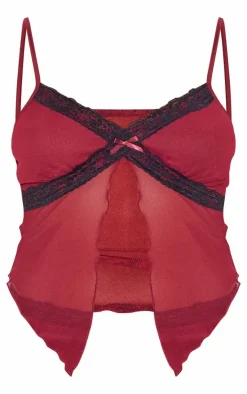 Hot PrettyLittleThing Sheer Mesh Hanky Hem Lace Trim Cami Top Burgundy