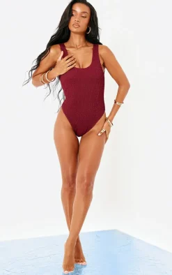 Burgundy Shirred Backless Swimsuit