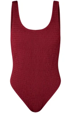 Burgundy Shirred Backless Swimsuit