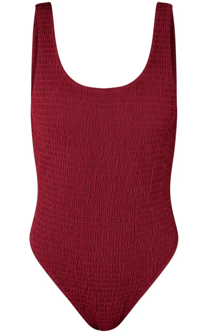 Burgundy Shirred Backless Swimsuit