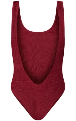 Burgundy Shirred Backless Swimsuit