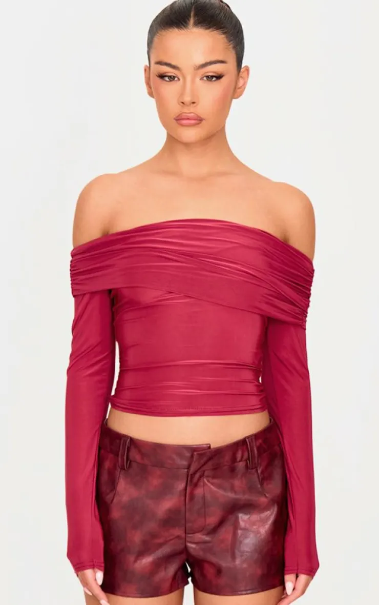 PrettyLittleThing Shirts*Slinky Bardot Long Sleeve Long Top