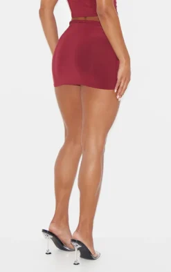 Sale PrettyLittleThing Slinky Braided Front Micro Mini Skirt Burgundy