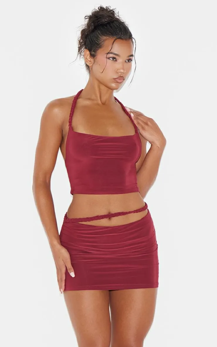 Sale PrettyLittleThing Slinky Braided Front Micro Mini Skirt Burgundy