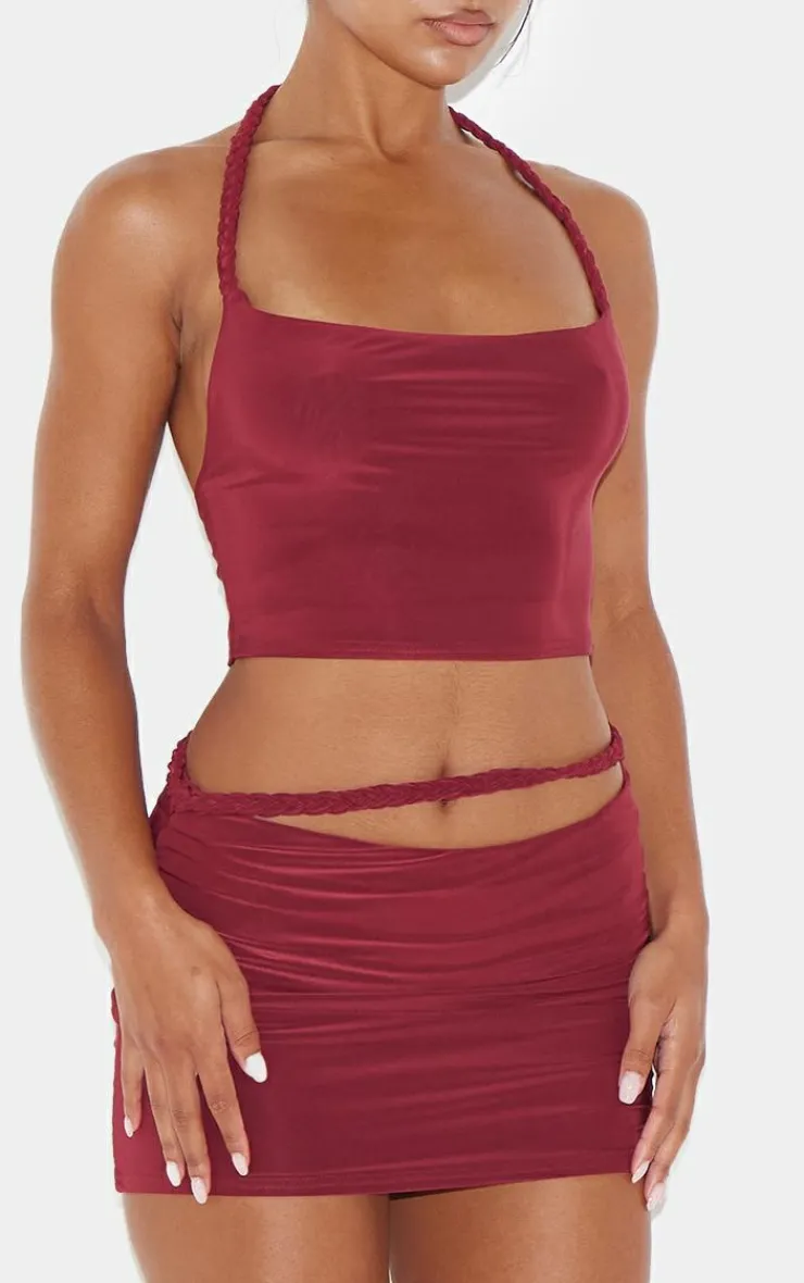 Sale PrettyLittleThing Slinky Braided Front Micro Mini Skirt Burgundy