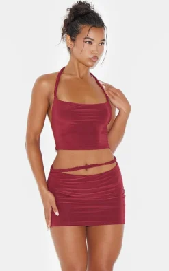 Sale PrettyLittleThing Slinky Braided Strap Detail Top Burgundy