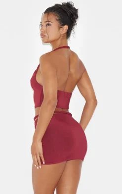 Sale PrettyLittleThing Slinky Braided Strap Detail Top Burgundy