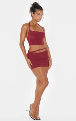 Sale PrettyLittleThing Slinky Braided Strap Detail Top Burgundy