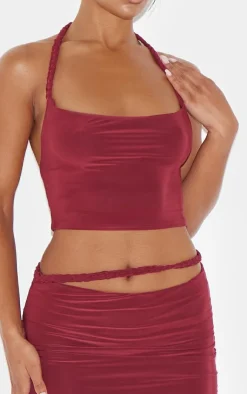 Sale PrettyLittleThing Slinky Braided Strap Detail Top Burgundy