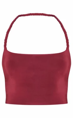 Sale PrettyLittleThing Slinky Braided Strap Detail Top Burgundy