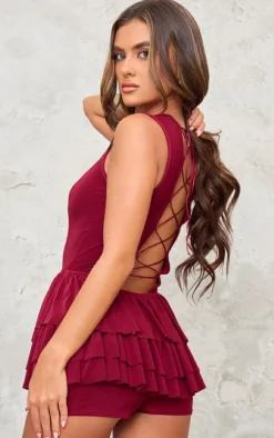PrettyLittleThing Christmas Shop*Slinky Lace Up Back Detail Rara Skort Romper