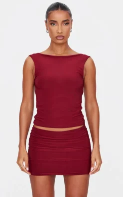 Online PrettyLittleThing Slinky Open Back Cap Sleeve Longline Top Burgundy