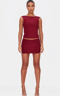 Online PrettyLittleThing Slinky Open Back Cap Sleeve Longline Top Burgundy